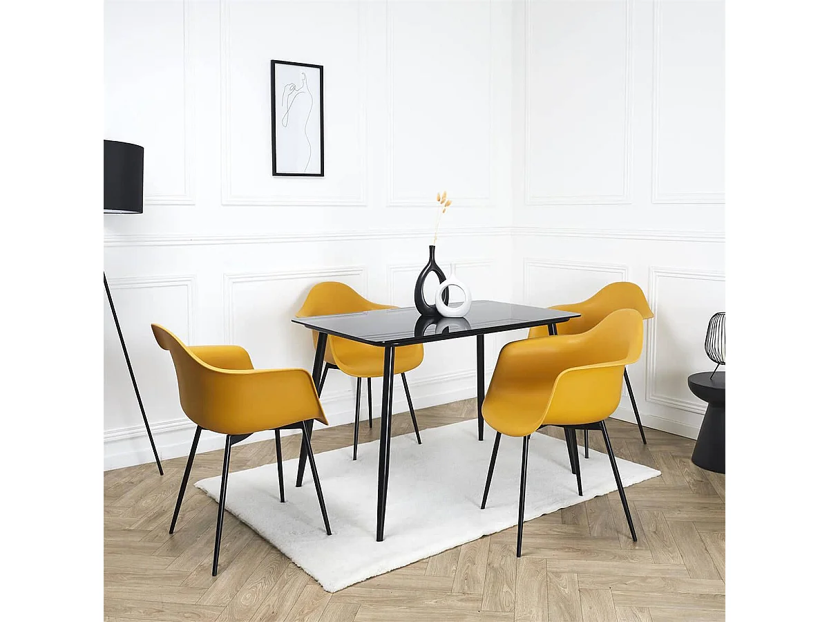 OMER - Lot de 4 Chaises Coque Accoudoirs Jaunes Piètement Métal