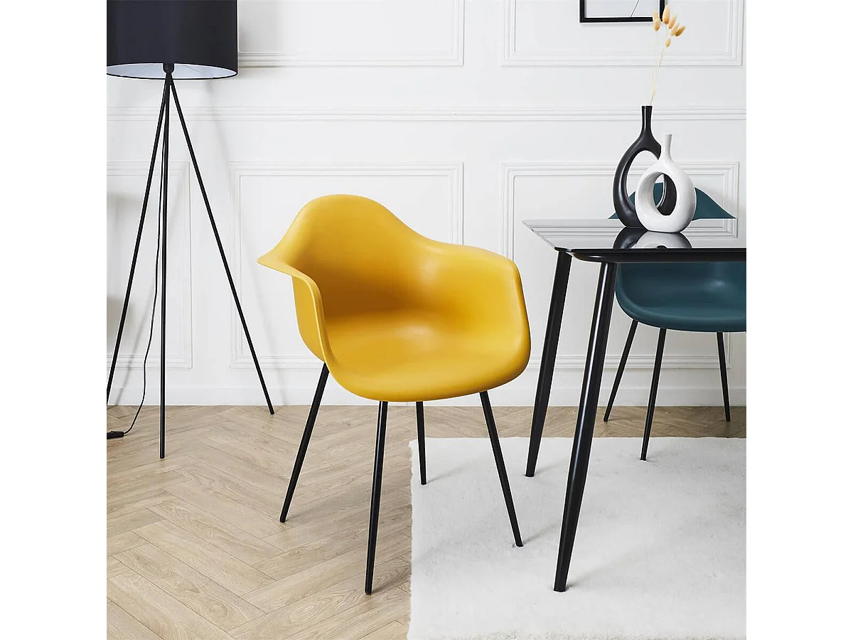 OMER - Lot de 4 Chaises Coque Accoudoirs Jaunes Piètement Métal
