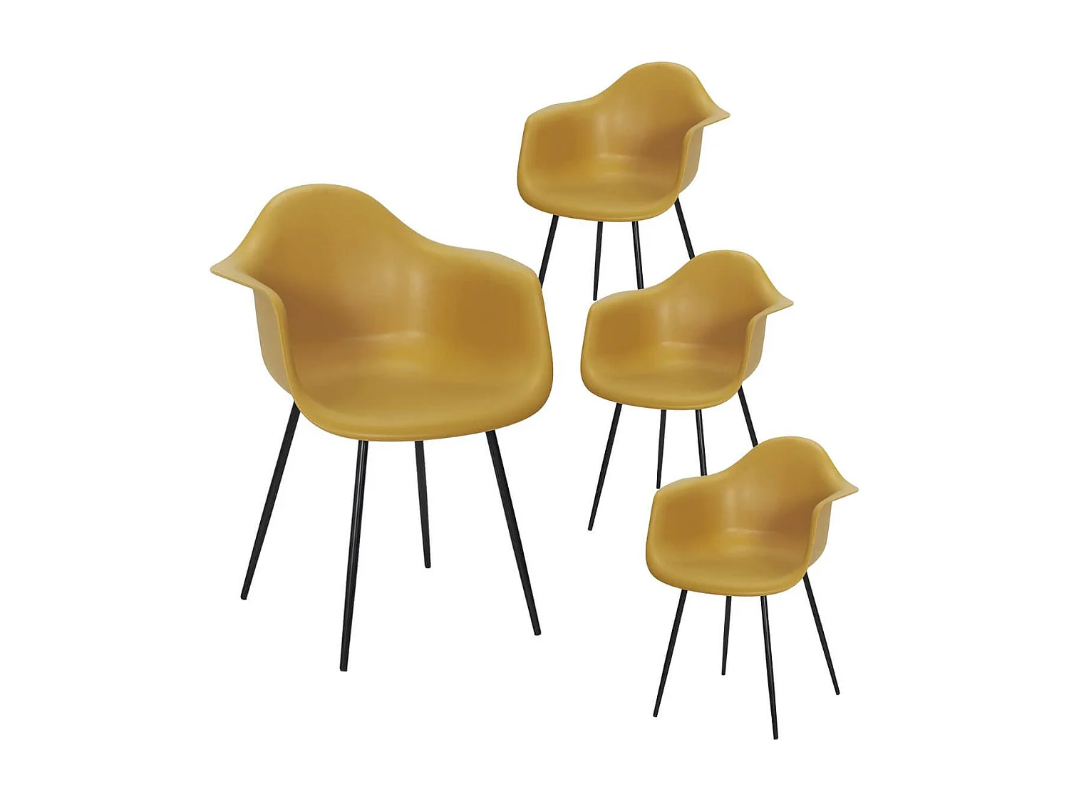 OMER - Lot de 4 Chaises Coque Accoudoirs Jaunes Piètement Métal