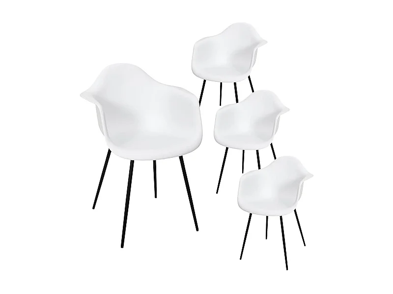 OMER - Lot de 4 Chaises Coque Accoudoirs Blanches Piètement Métal