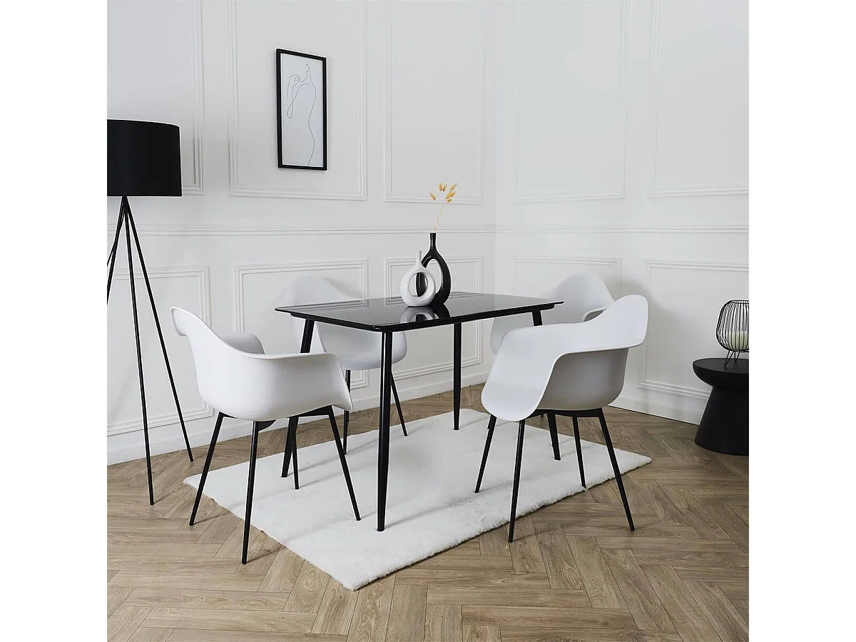 OMER - Lot de 4 Chaises Coque Accoudoirs Blanches Piètement Métal