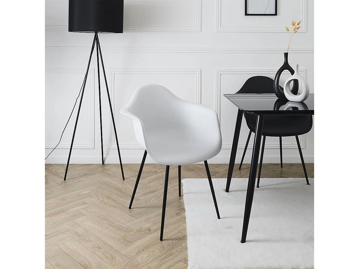 OMER - Lot de 4 Chaises Coque Accoudoirs Blanches Piètement Métal