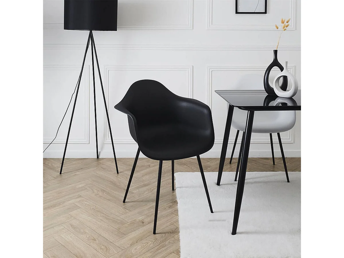 OMER - Lot de 4 Chaises Coque Accoudoirs Noires Piètement Métal
