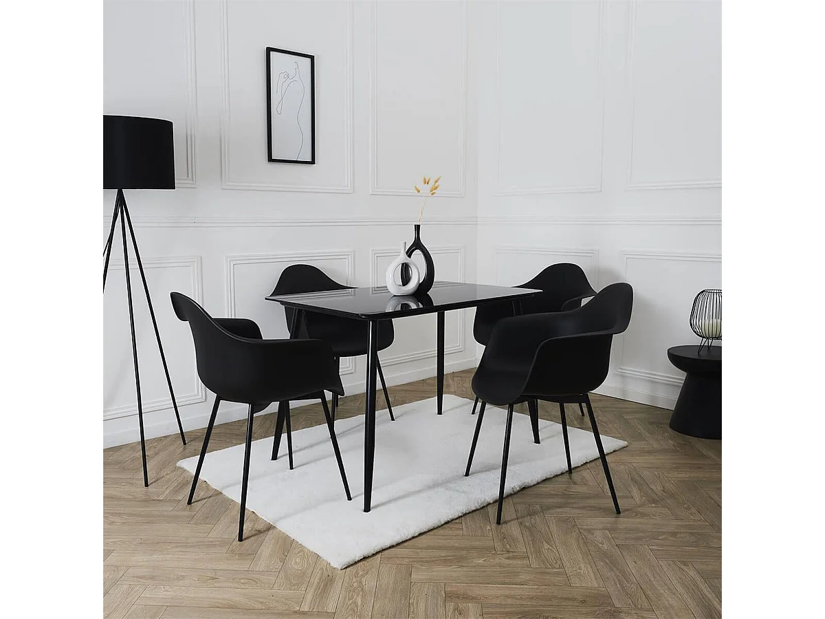 OMER - Lot de 4 Chaises Coque Accoudoirs Noires Piètement Métal