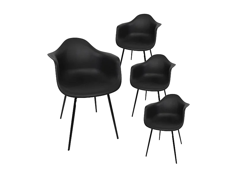 OMER - Lot de 4 Chaises Coque Accoudoirs Noires Piètement Métal