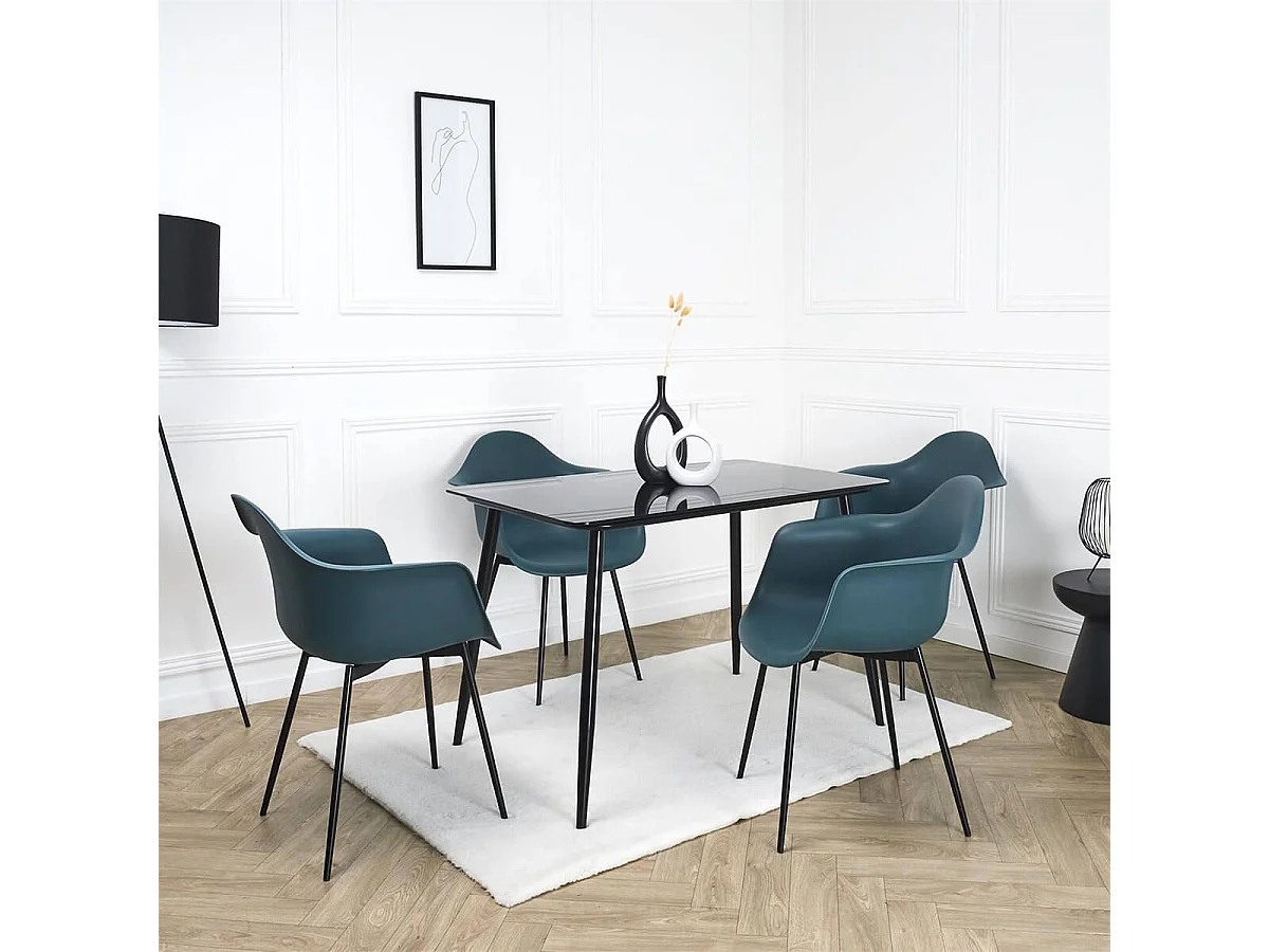 OMER - Lot de 4 Chaises Coque Accoudoirs Bleues Piètement Métal