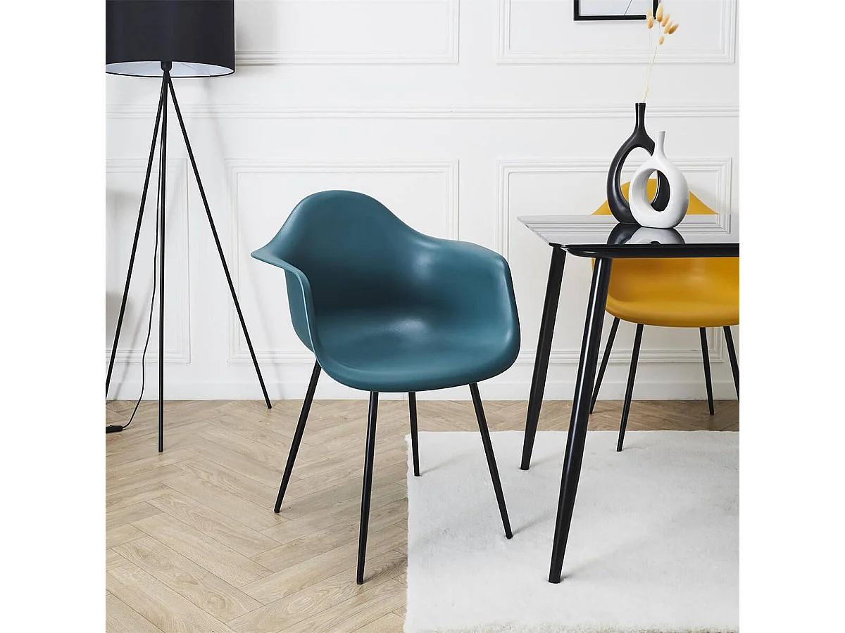 OMER - Lot de 4 Chaises Coque Accoudoirs Bleues Piètement Métal