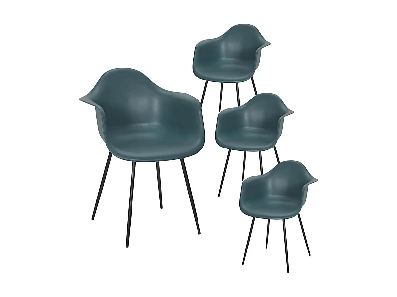 OMER - Lot de 4 Chaises Coque Accoudoirs Bleues Piètement Métal