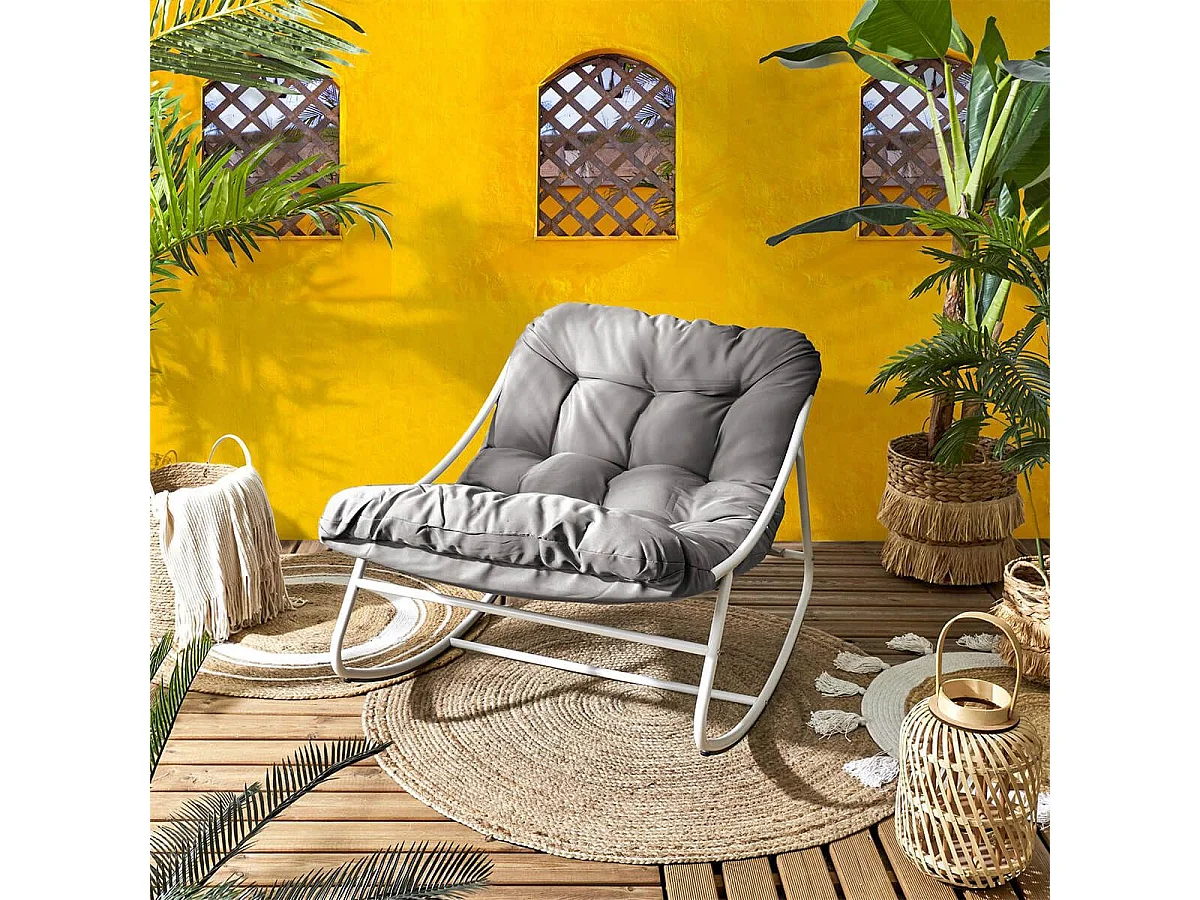 SABHA - Fauteuil à Bascule en Métal Blanc et Textilène avec Coussin d'assise Taupe