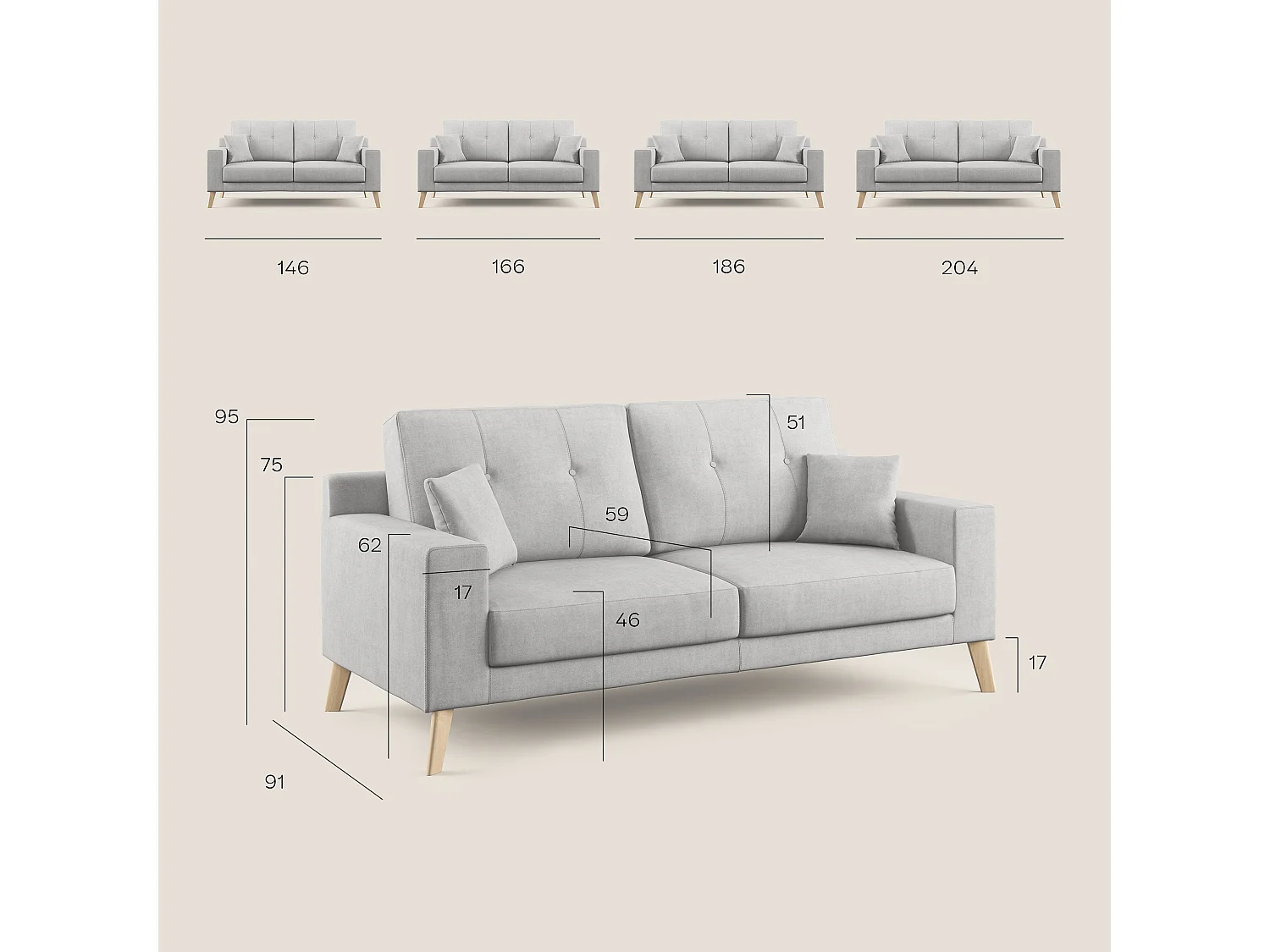 Danish modernes Sofa aus weichem, wasserfestem Stoff T02 186 cm baby blau
