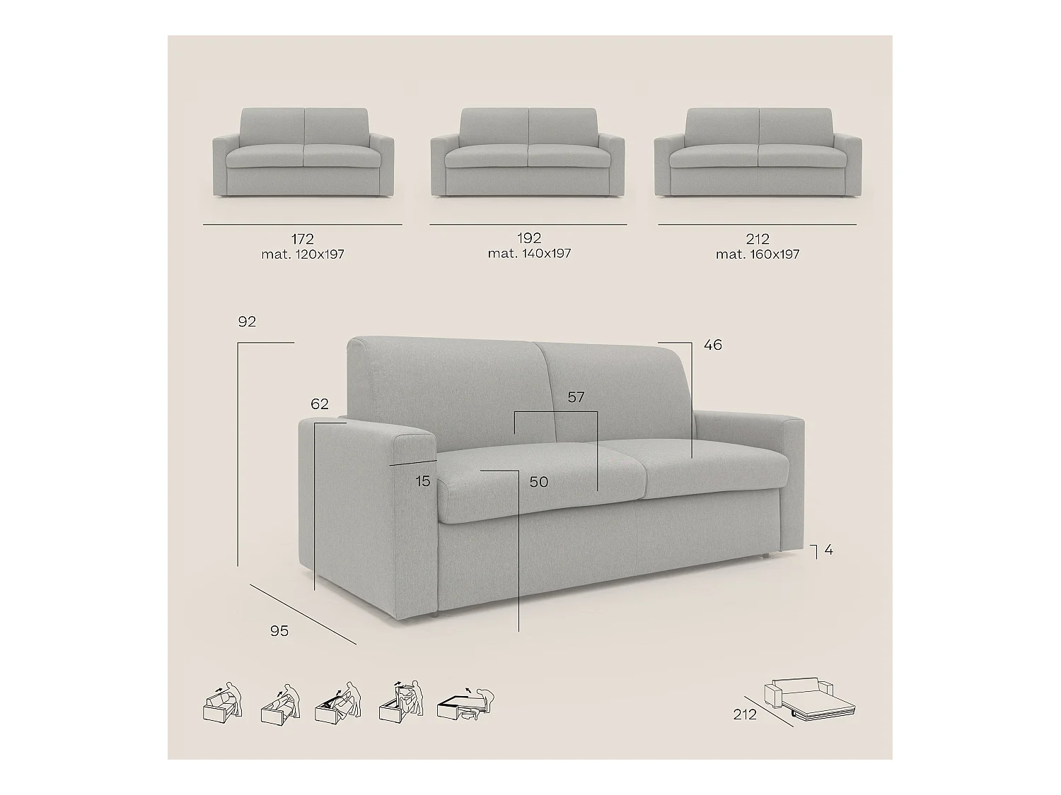 Kansas Sofá cama convertible H20 cm en tela impermeable 192 cm (mat. 140x197) Marrón