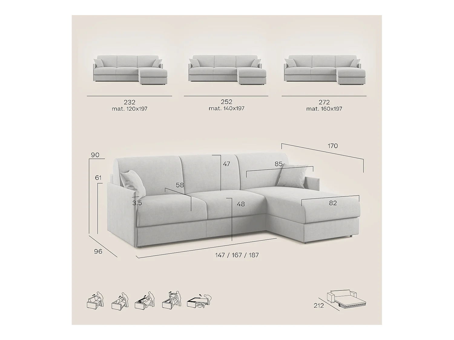Evans Sofá esquinero convertible en tela impermeable 232 cm Izquierdo (mat. 120x197) Azul