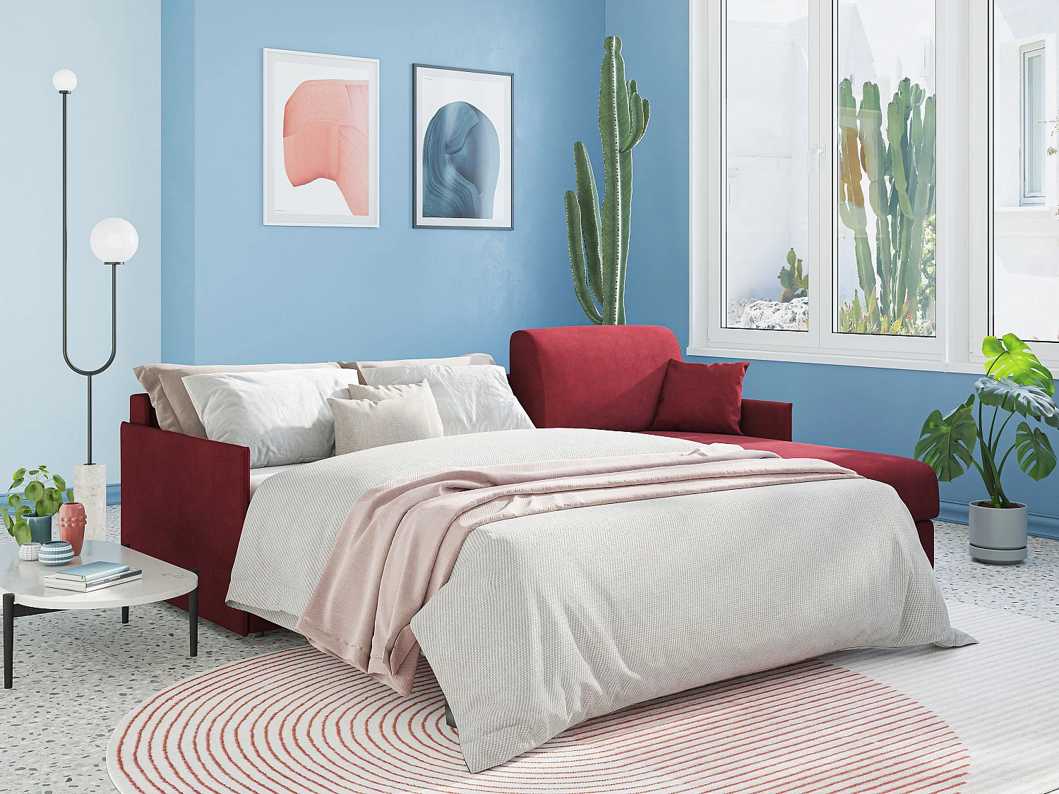 Evans Divano letto angolare con penisola in morbido tessuto impermeabile T13 232 cm Destro (mat. 120x197)  azzurro