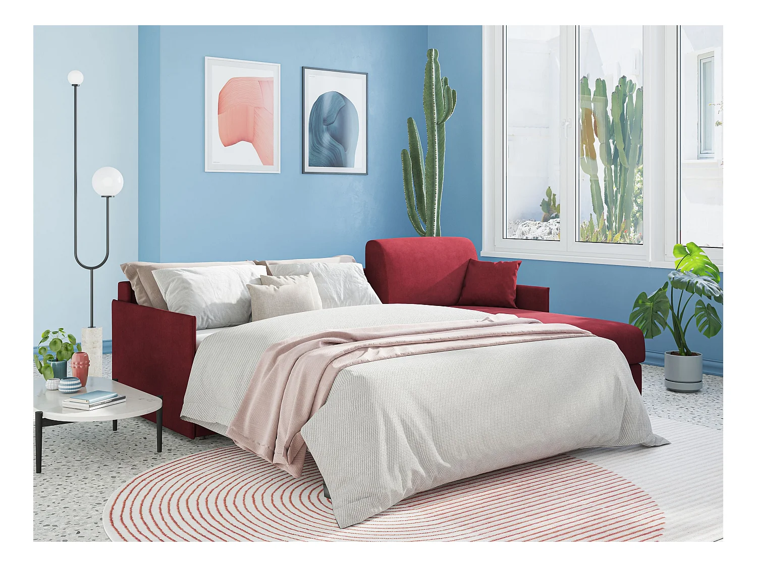 Evans Sofá esquinero convertible en tela impermeable 232 cm Derecho (mat. 120x197) Azul Claro