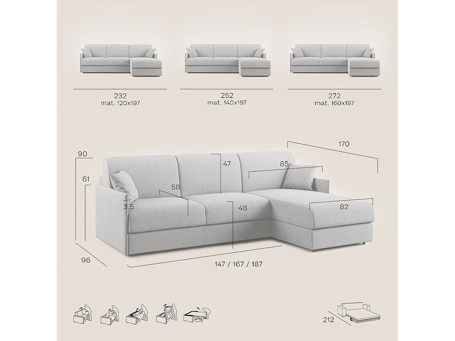 Evans Divano letto angolare con penisola in morbido tessuto impermeabile T13 252 cm Sinistro (mat. 140x197)  grigio