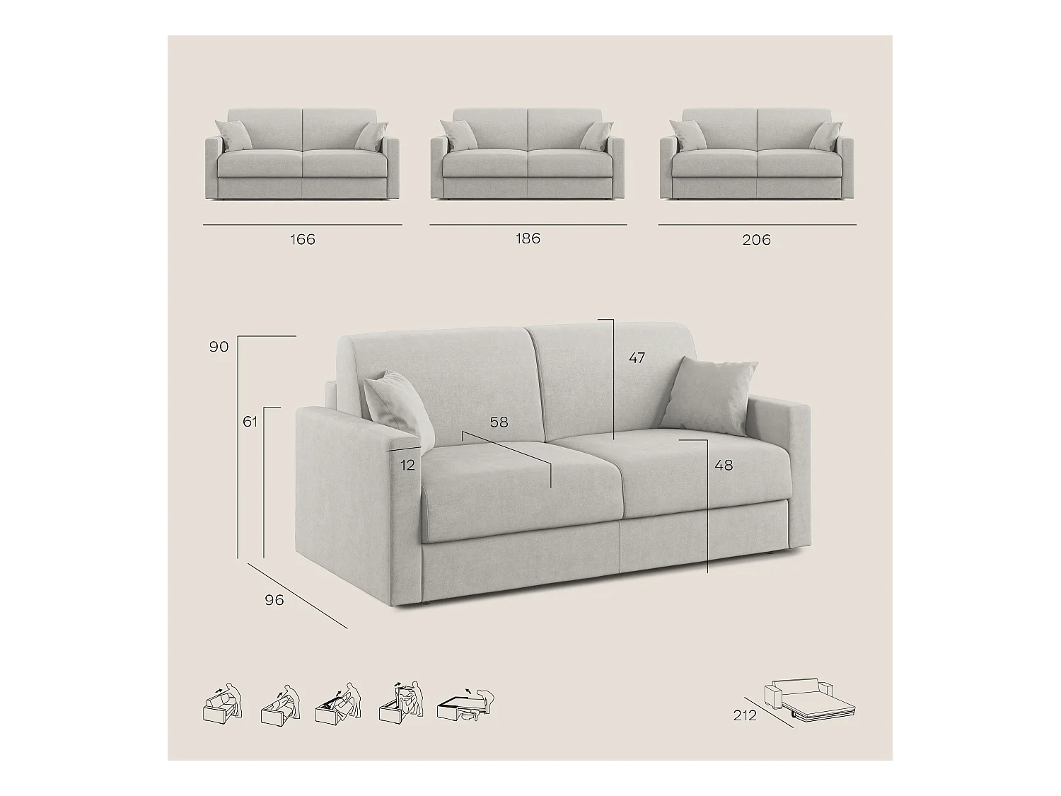 Chris Sofá cama convertible en tejido impermeable 206 cm (mat. 160x197) Azul Claro