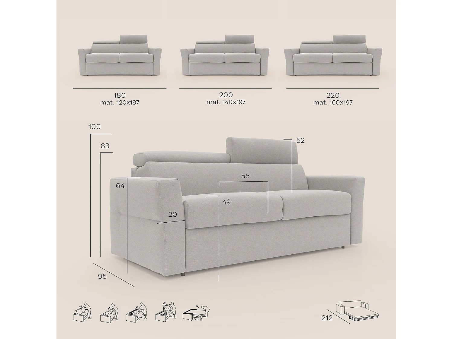Avalon Divano letto con materasso H18 180 cm (mat. 120x197 cm) grigio