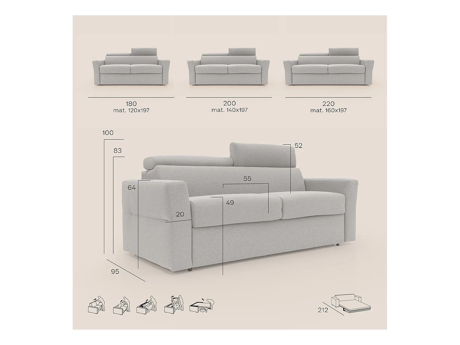 Avalon Sofá cama con colchón de 18 cm de altura en tejido impermeable 200 cm (140x197 cm) Beige