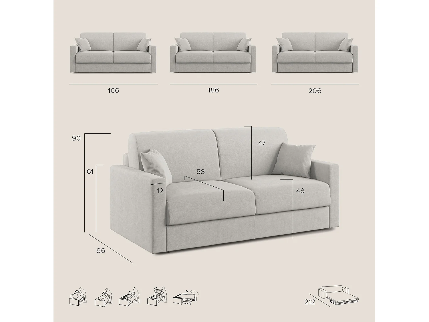 Chris Divano letto matrimoniale tessuto impermeabile 206 cm beige