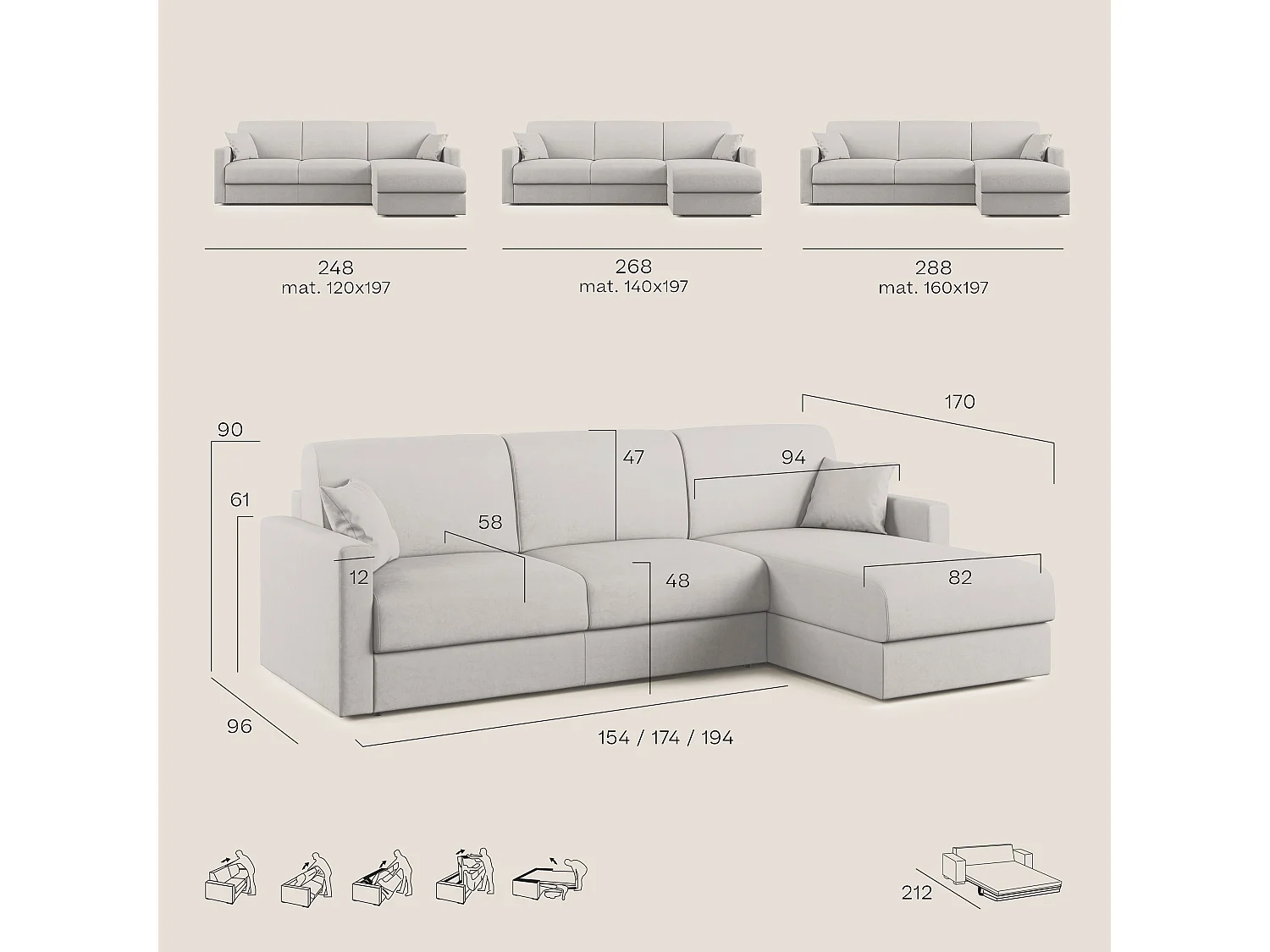 Chris Divano letto angolare 5 posti in tessuto impermeabile T13 288 cm Sinistro (mat. 160x197) tortora