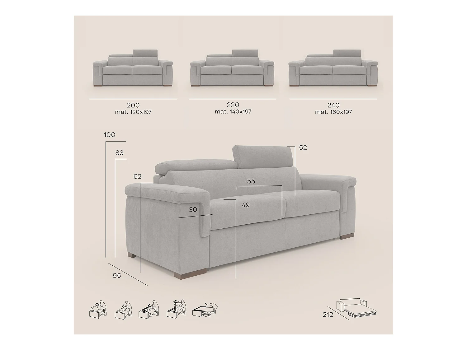Giunone Schlafsofa mit 18 cm hoher Matratze und verstellbaren Kopfstützen aus wasserfestem Stoff T02 200 cm (mat.120x197) rot