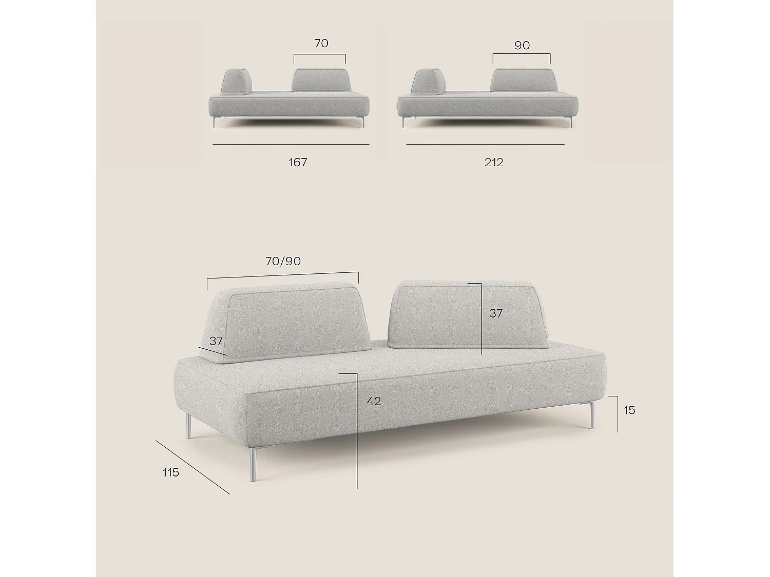 Newton modulares Sofa mit beweglichen Rückenlehnen T07 212 cm weiß