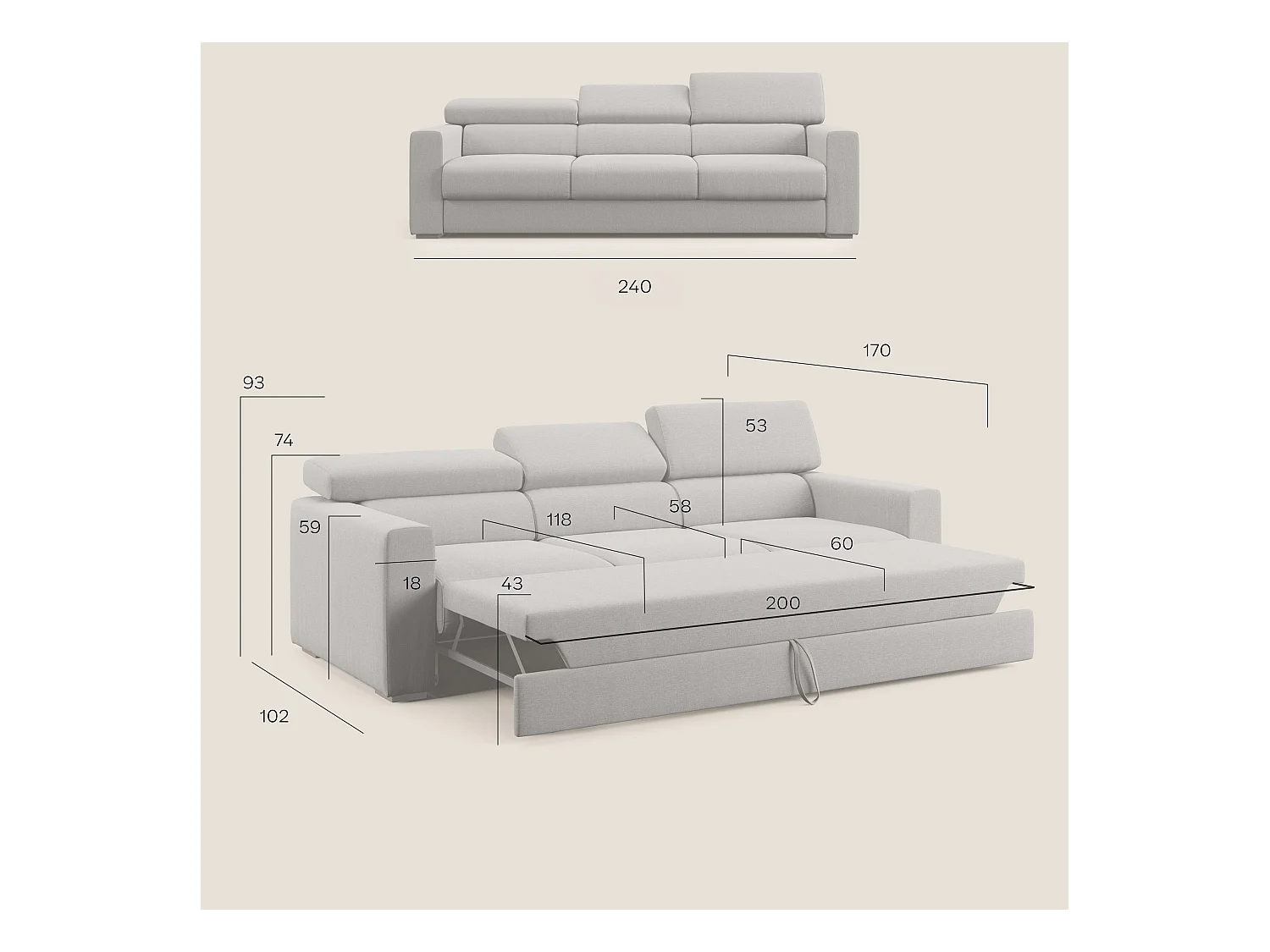 Dylan 3-Sitzer-Sofa mit Bettkastenauszug aus wasserfestem Baumwollartigem Stoff T13 240 cm braun