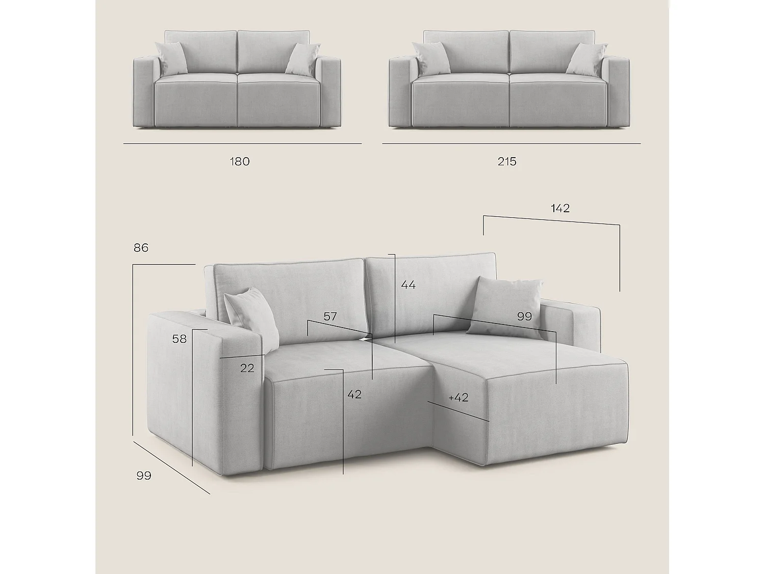 Morfeo Canapé avec assise amovible en tissu imperméable T02 215 cm gris clair