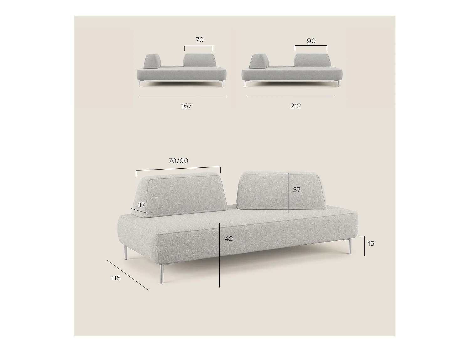 Newton Sofá modular con respaldos removibles 212 cm Azul Claro