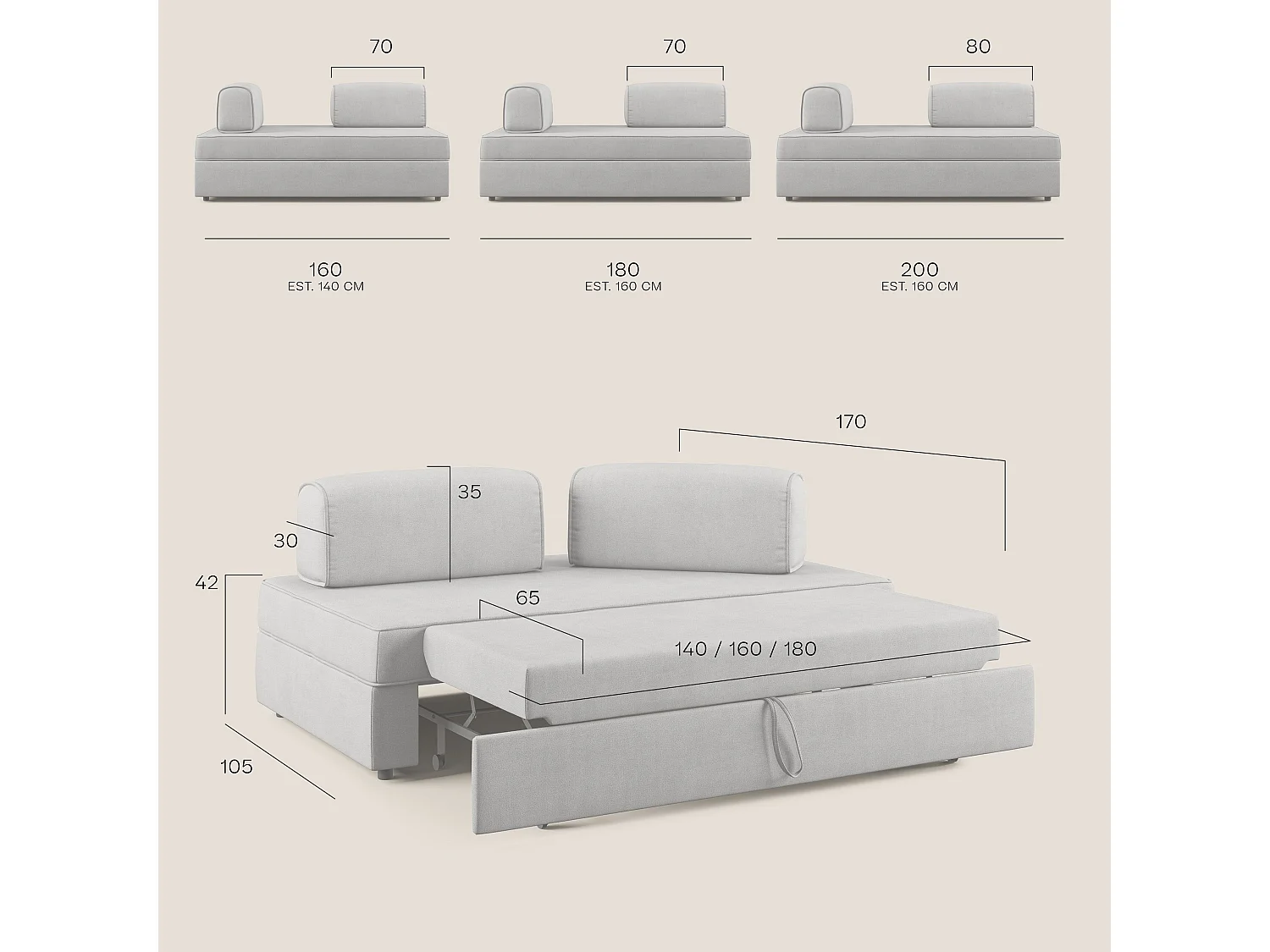 Liberty Sofa mit ausziehbarer Ottomane und beweglichen Rückenlehnen aus weichem wasserfestem Stoff T02 200 cm creme