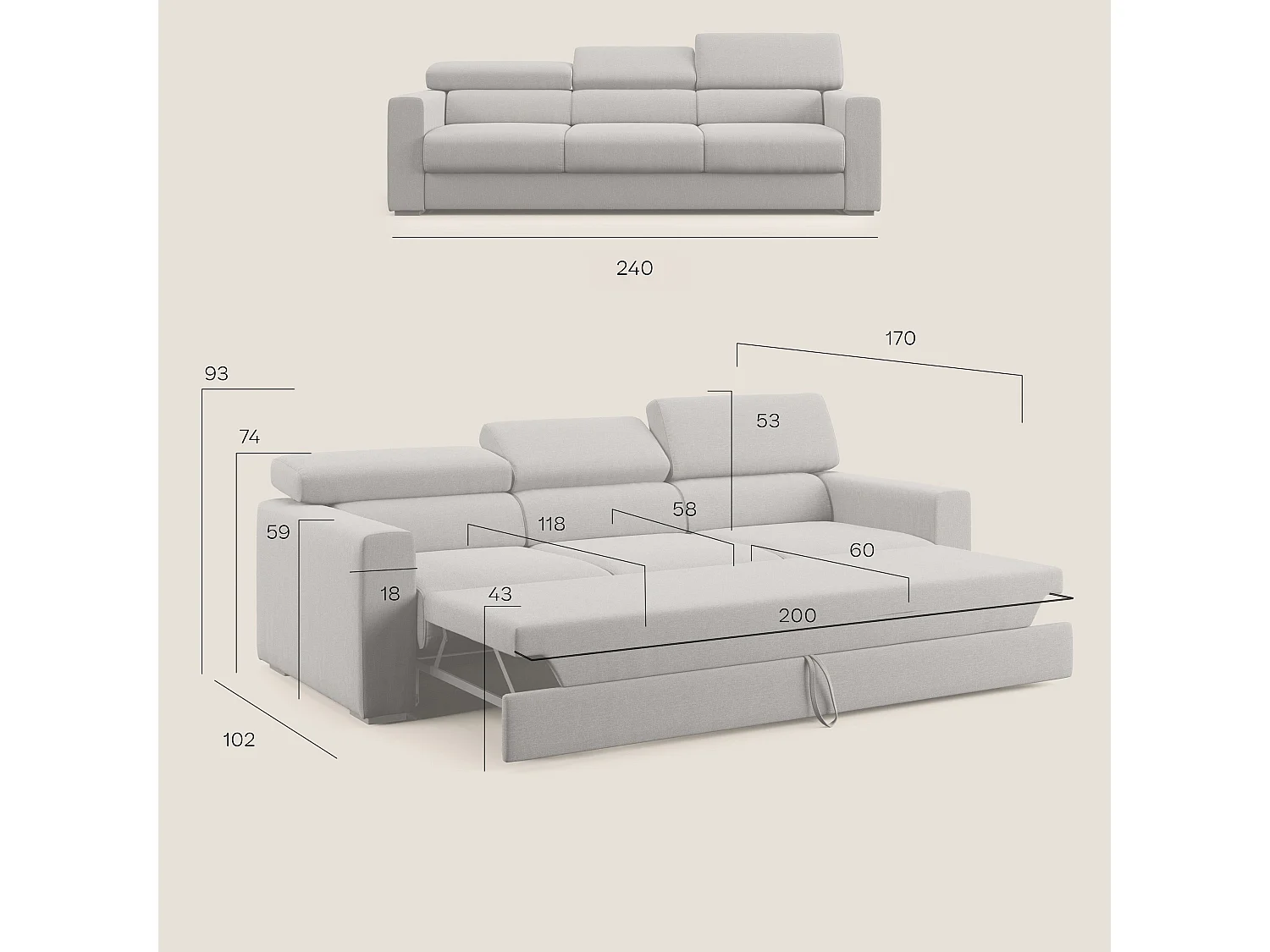 Dylan Divano a 3 sedute con estraibile a cassettone in tessuto simil cotone impermeabile T13 240 cm beige