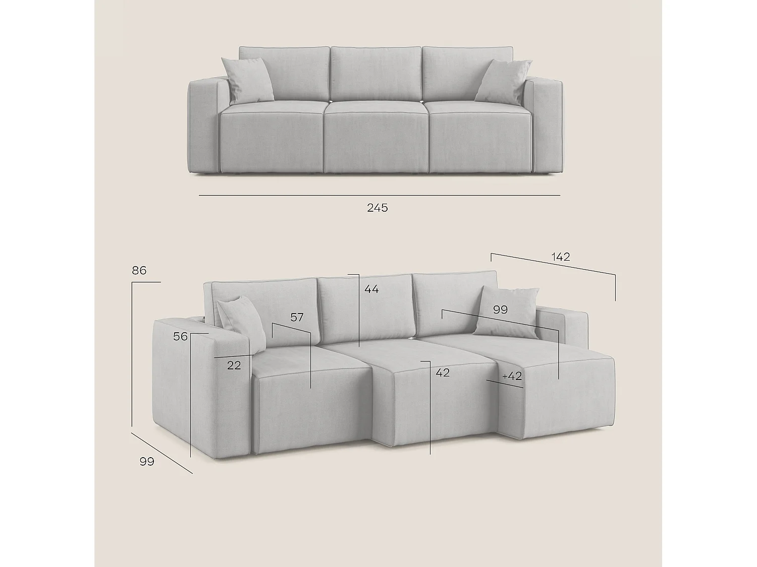 Morfeo Sofa mit 3 asuziehbaren Sitzen aus weichem wasserfestem Stoff T02 245 cm baby blau