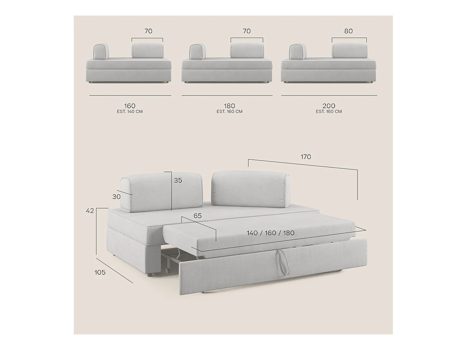 Liberty Canapé avec pouf amovible et dossier amovible en tissu imperméable T02 200 cm rose