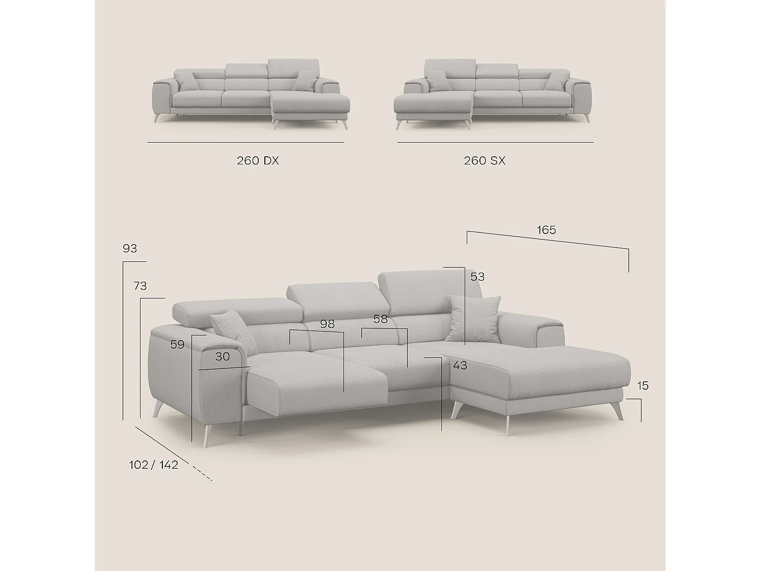 Fusion Divano angolare con sedute scorrevoli in tessuto morbido smacchiabile T05 260 cm Destro marrone