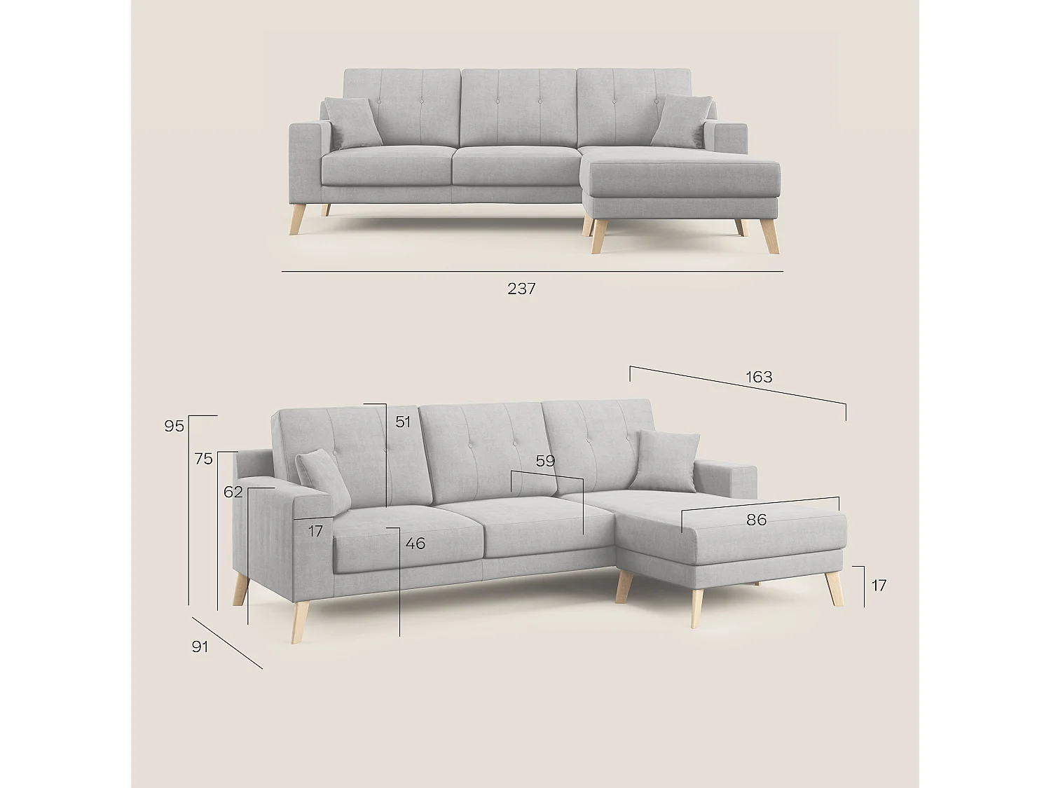 Danish Divano angolare REVERSIBILE in tessuto morbido impermeabile T02 237 cm grigio chiaro