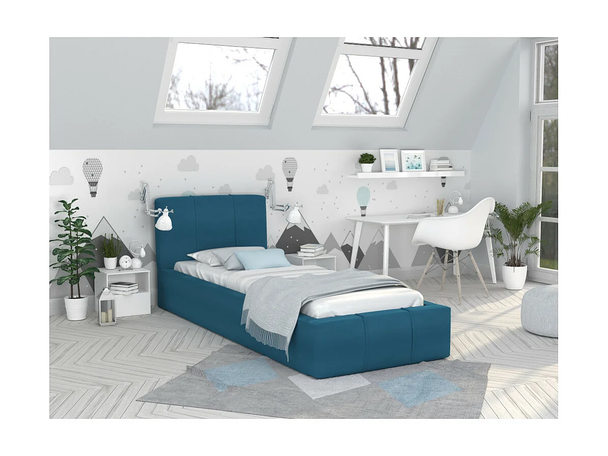 Lit coffre ATLANTA 90 x 200 cm avec sommier à lattes relevable Azur