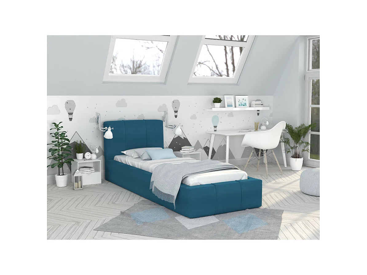 Lit coffre ATLANTA 90 x 200 cm avec sommier à lattes relevable Azur