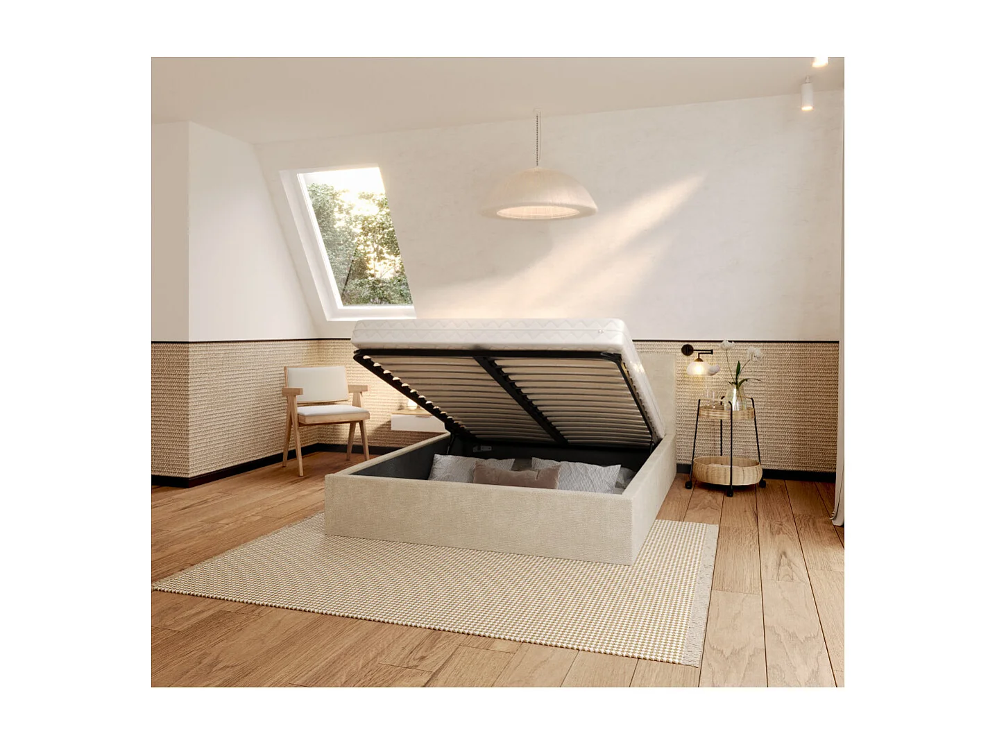 Lit coffre Tolsa 180 x 200 cm avec sommier à lattes relevable Crème