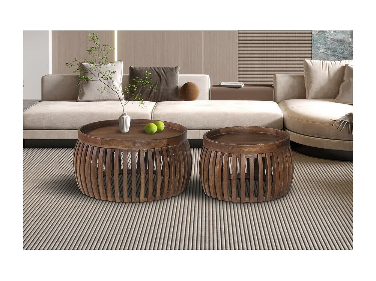 Set de deux tables basses rondes en bois massif collection MANGO