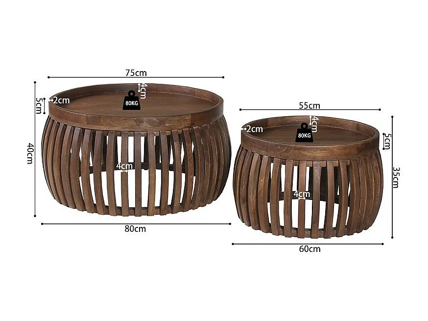 Set de deux tables basses rondes en bois massif collection MANGO