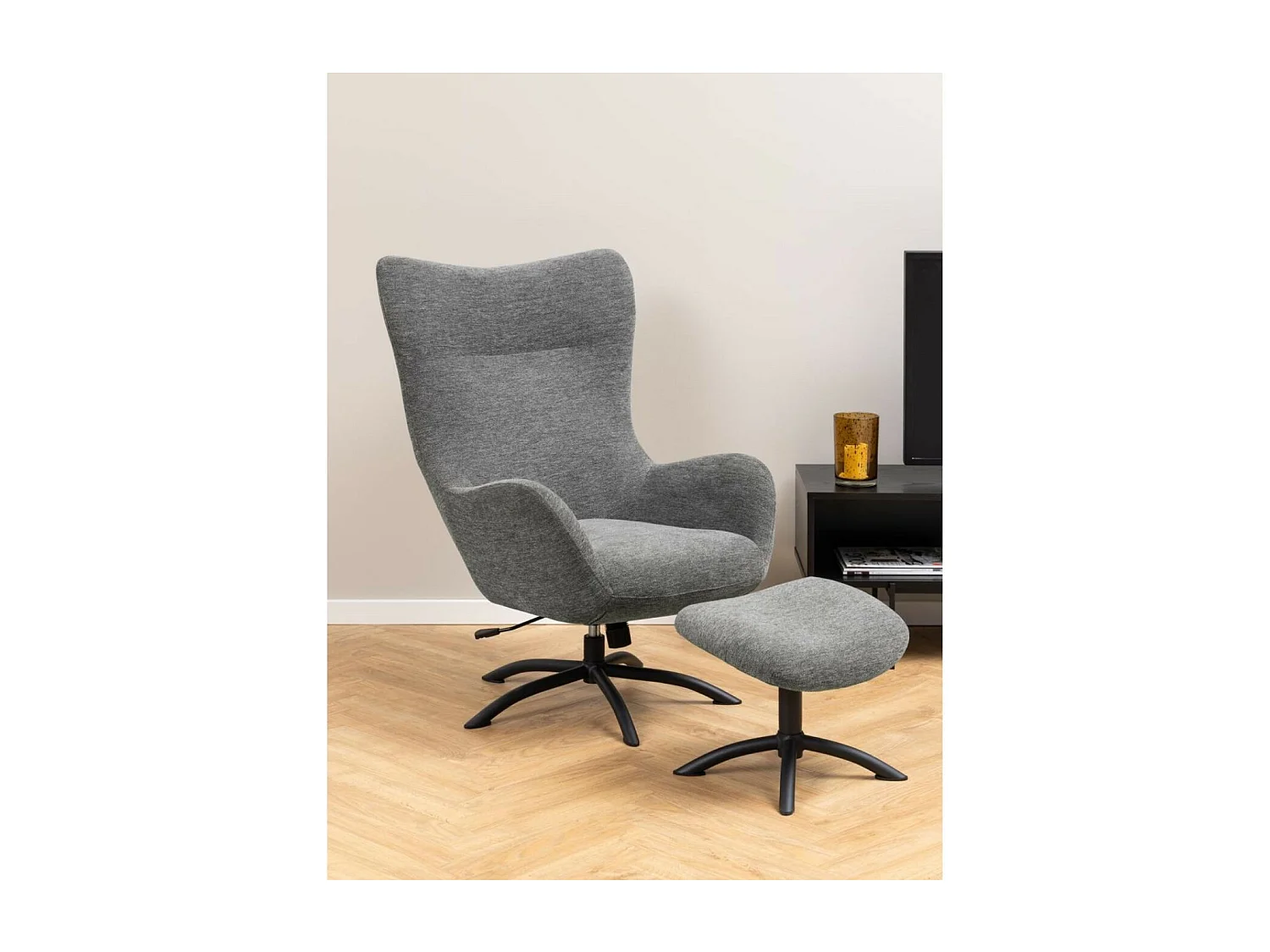 Fauteuil à oreilles pivotant avec repose-pieds en tissu - BRISTOL
