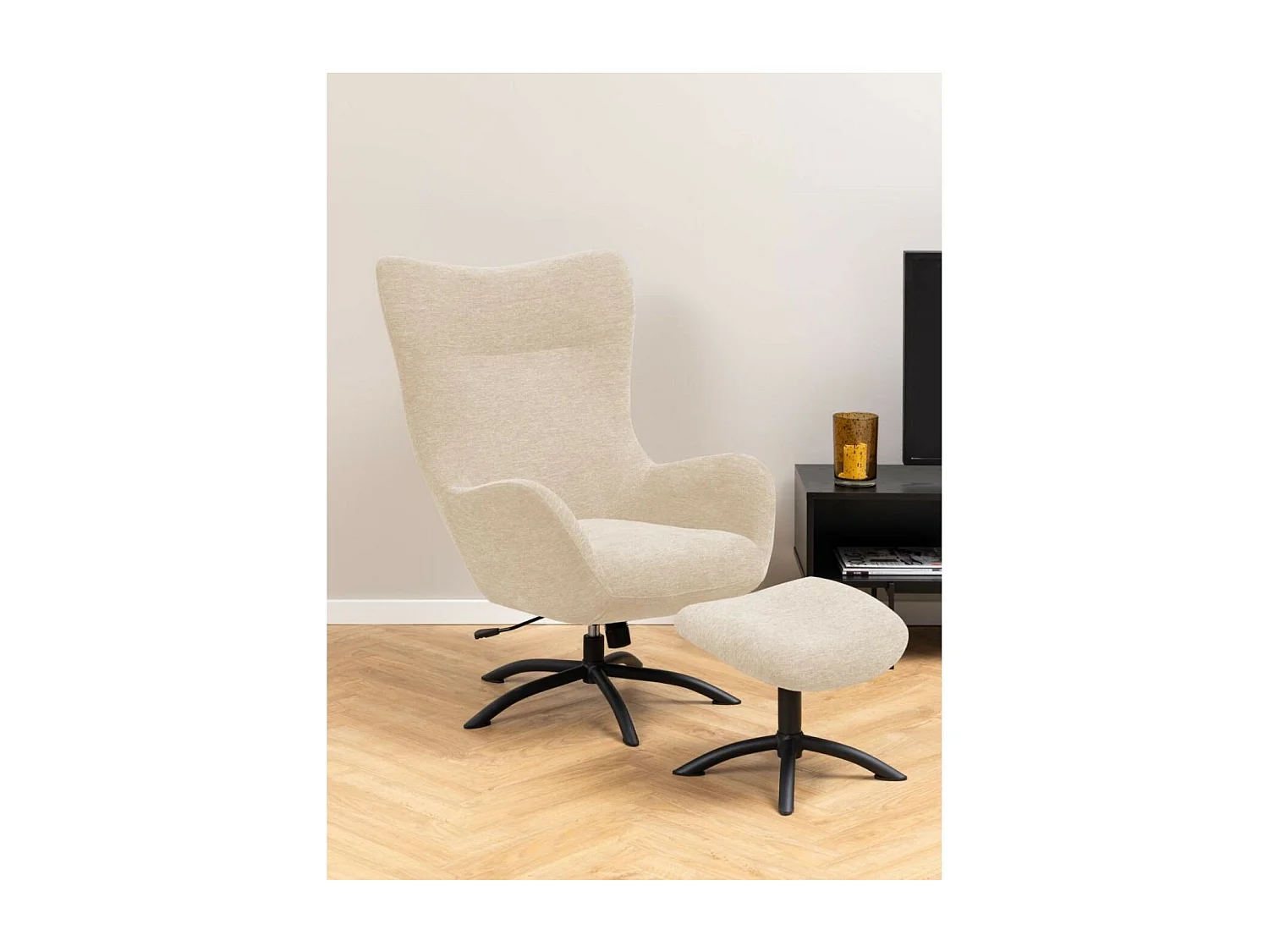 Fauteuil à oreilles pivotant avec repose-pieds en tissu - BRISTOL