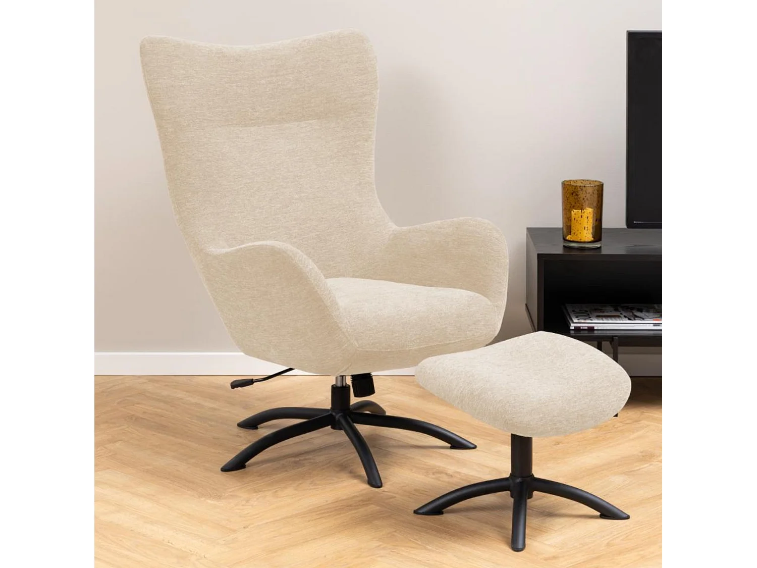 Fauteuil à oreilles pivotant avec repose-pieds en tissu - BRISTOL