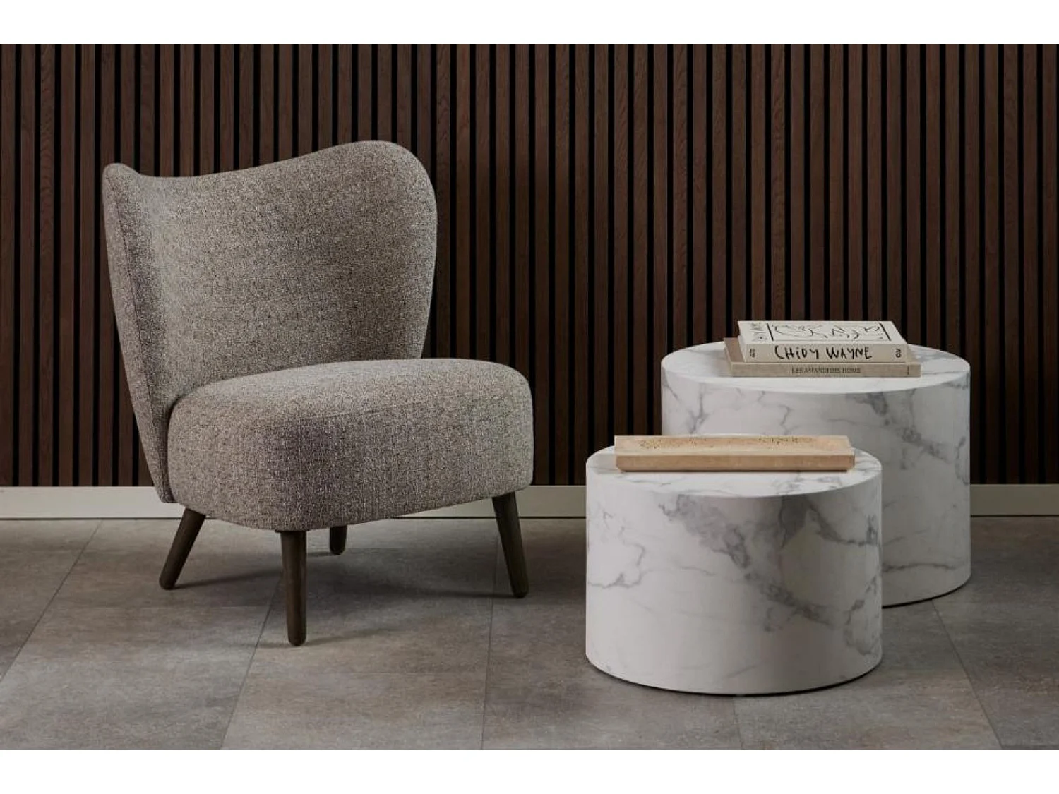 Fauteuil en tissu chiné crème et pieds en bois - EROS