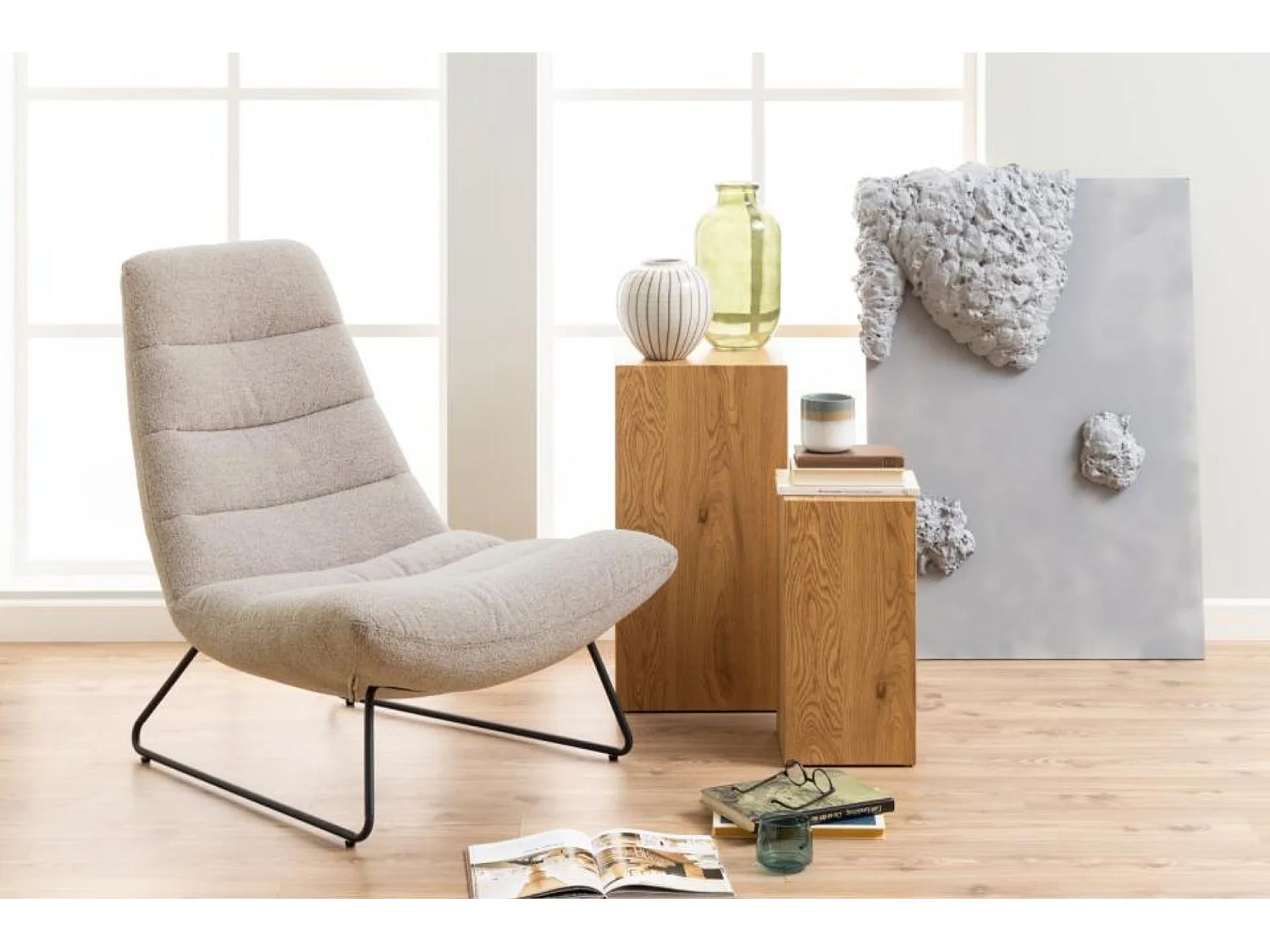 Fauteuil lounge en tissu bouclette beige - WESTON