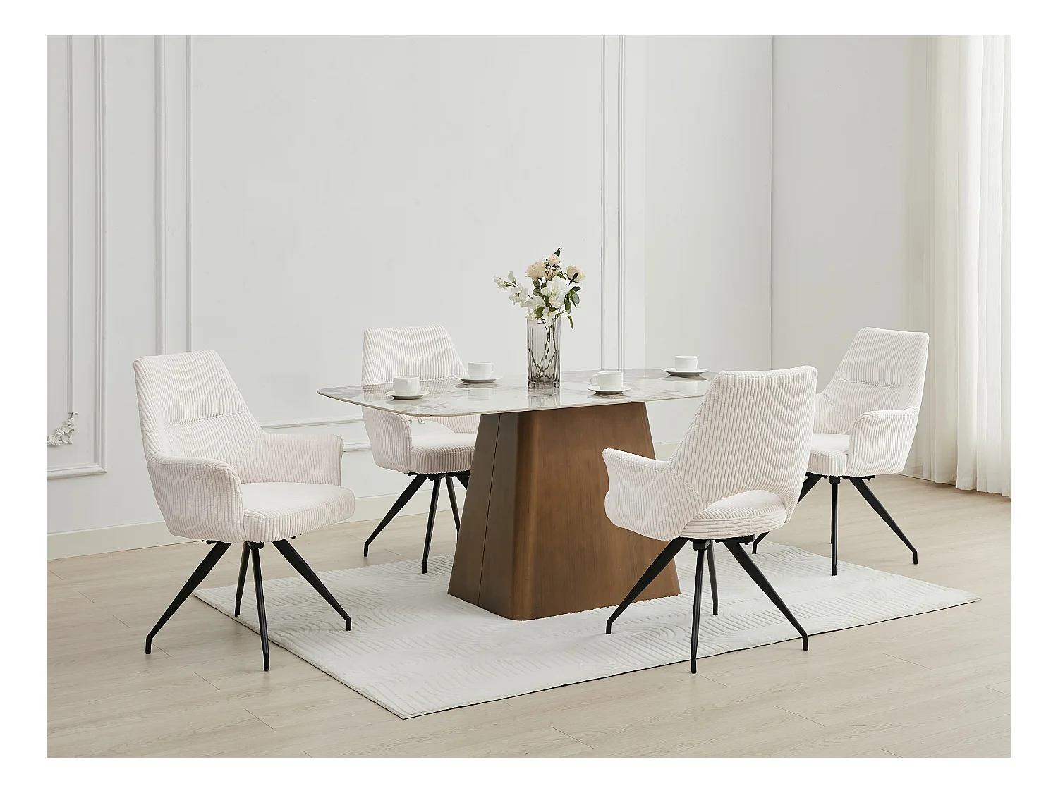 Lot de 6 chaises pivotantes avec accoudoirs en velours côtelé et métal noir - Crème - VASKIA