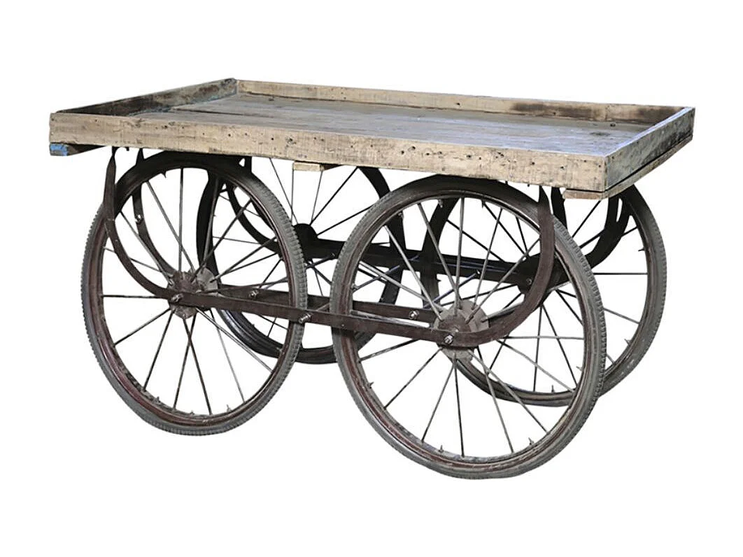 Chariot ancien en bois recyclé marron et fer noir 144 x 70 x 79 cm