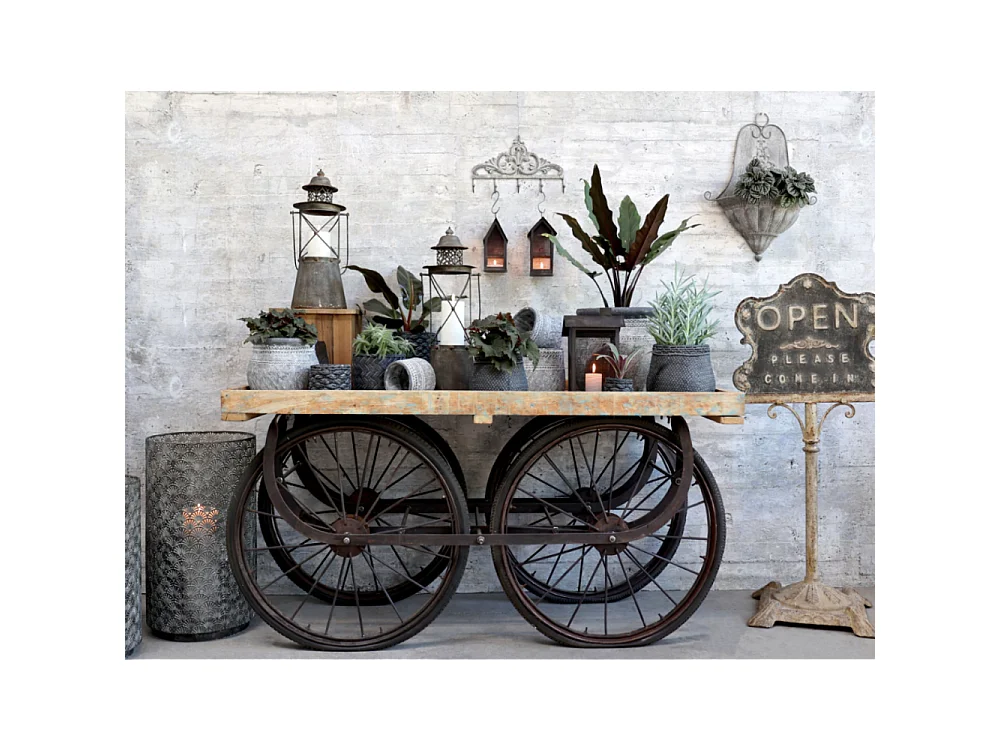 Chariot ancien en bois recyclé marron et fer noir 144 x 70 x 79 cm