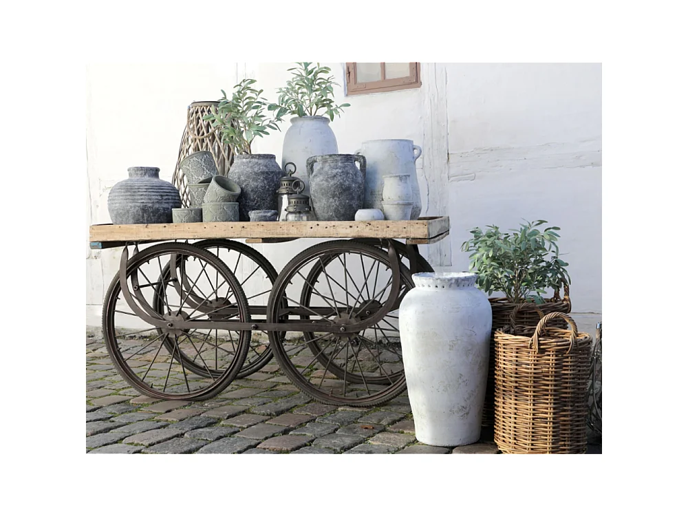 Chariot ancien en bois recyclé marron et fer noir 144 x 70 x 79 cm