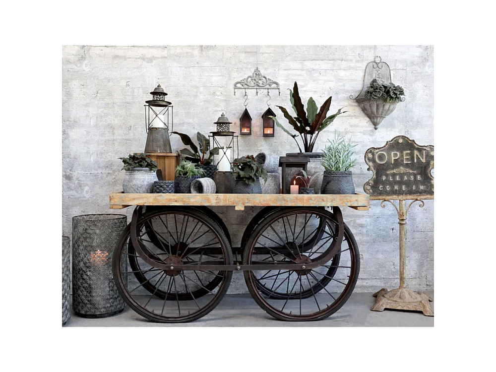 Chariot ancien en bois recyclé marron et fer noir 144 x 70 x 79 cm